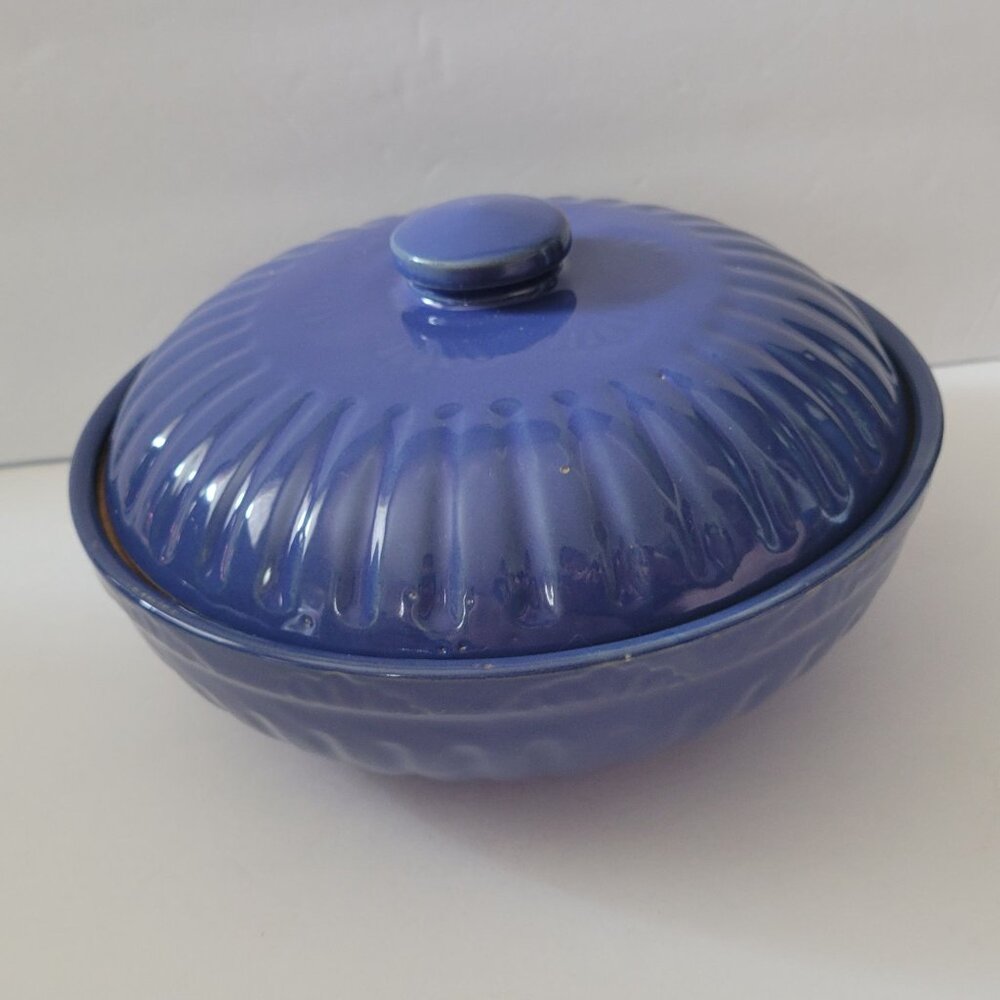 Vintage Blue Ceramic Covered Casserole Dish Made In USA